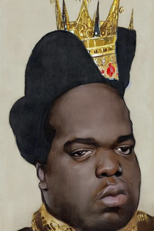 Image similar to portrait of biggie smalls with kings crown and royal outfit, modern, eclectic, illustration, by ramon casas