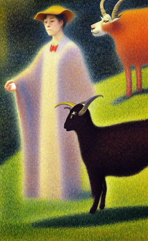 Image similar to a bipedal cat that has two goat horns and is wearing robes, matte oil painting, by georges seurat, d & d, character reveal, fantasy, concept art, cosmic, magical, fog, noble, full body portrait, intricate, ornate, extremely detailed, cult, ritual, sharp focus, 4 k, 8 k