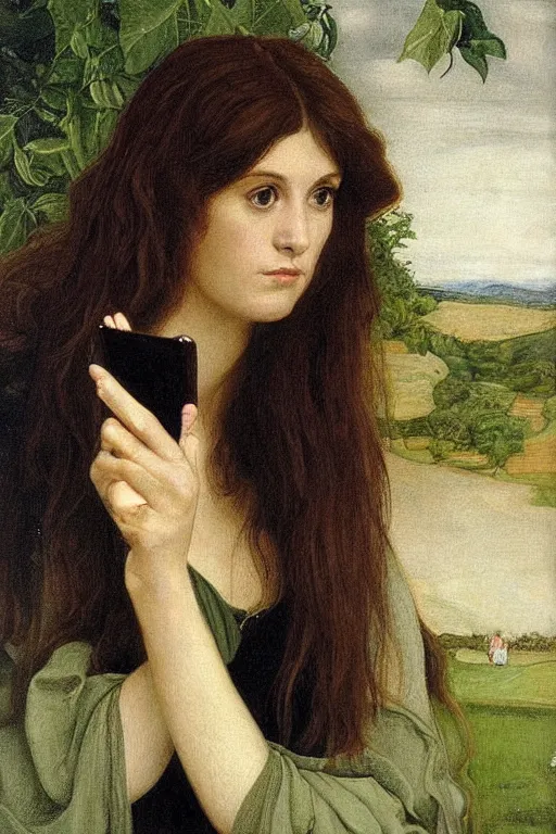 Prompt: a pre raphaelite painting of claudine longet, bored, looking at her iphone by dante gabriel rossett