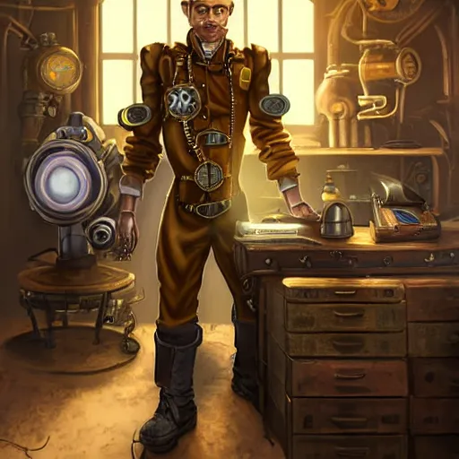 Image similar to a steampunk artificer in his workshop, light rays, scifi