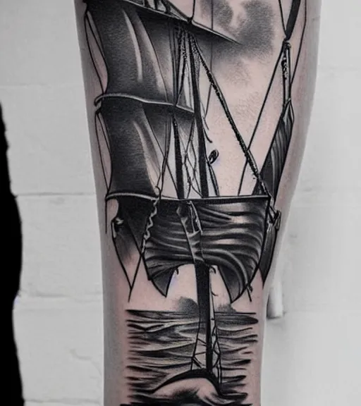 Image similar to A realistic tattoo design of a pirate ship, white background, black and white, highly detailed tattoo, realistic tattoo, realism tattoo, beautiful shades