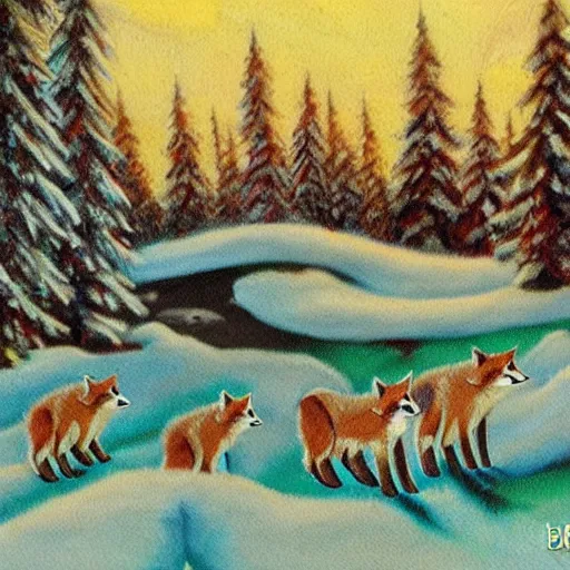 Image similar to photorealistic photograph of an arctic forest with foxes frolicking around by Bob Ross