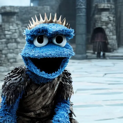 Image similar to cookie monster in game of thrones. sitting on the iron throne. looking evil.