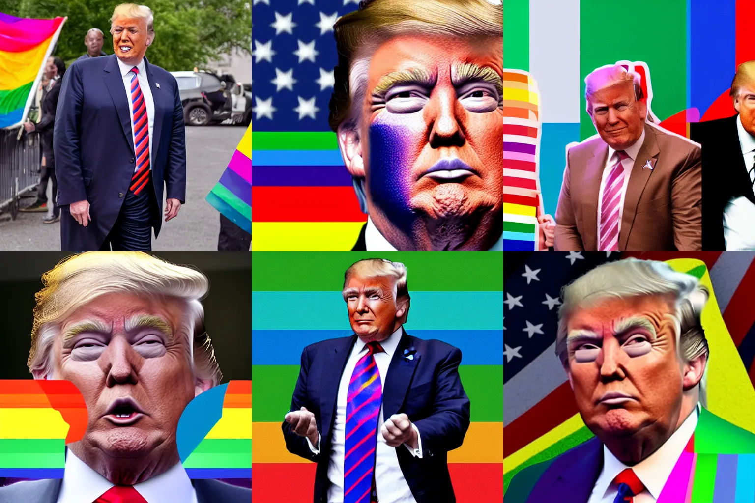 Prompt: Donald Trump wearing rainbow pride makeup during Pride Month