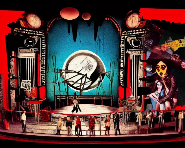 Prompt: photo of a theater stage with cut out collage, film noir, break of dawn on Jupiter, punk party, classic greek mythology, aquatical plants, steam punk grafitti, painted part by moebius, part by Art Spiegelman , composition by Ed Wood, Jr., VHS quality, digital glitches