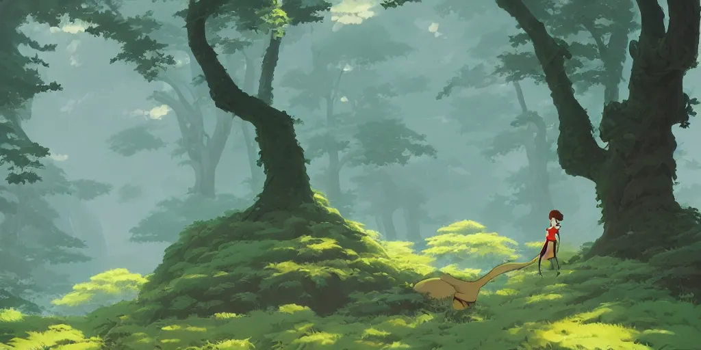 Image similar to ghibli style forest landscape, artstation, elegant, highly detailed, digital painting, concept art, smooth, sharp focus, illustration, art by don bluth and michel ocelot and makoto shinkai and tom whalen and atey ghailan and akihiko yoshida