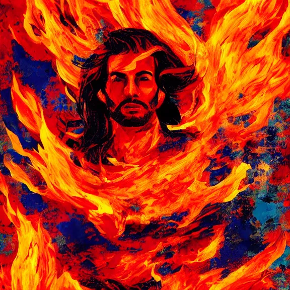 Prompt: abstract painting of man on fire. Handsome. Long hair. portrait. ArtStation. Impressionist. Rule of thirds. Silouette