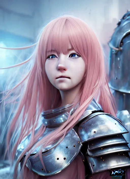 Prompt: a masterpiece hyperrealistic ultradetailed closeup photograph of a lifelike real human anime girl wearing steel plate armor, surrounded by clutter and mess, made by wlop, trending on artstation, pink hairs, youthful, k - pop, sad, photoreal image, rendered, unreal engine 5, extremely detailed, sharp focus, 4 k