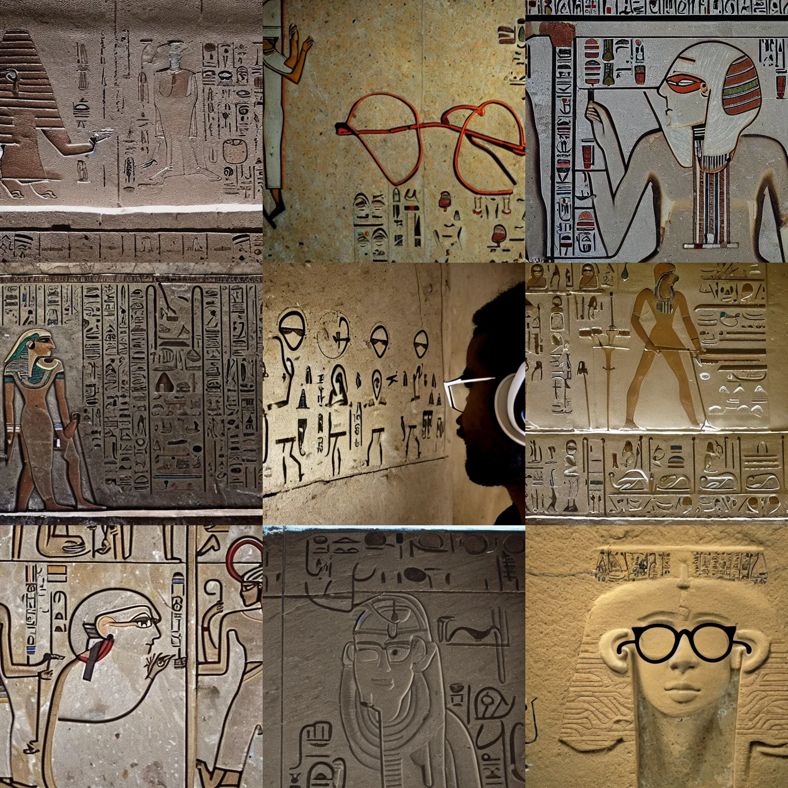 Prompt: person in glasses and wearing headphones inscribed on the wall of a tomb in egypt, historical, artifact, marble, stone, national geographic, relic