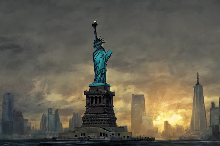 Prompt: The statue of liberty after nuclear fallout, concept art by Ray Lederer, fallout concept art, wallpaper, trending on art station