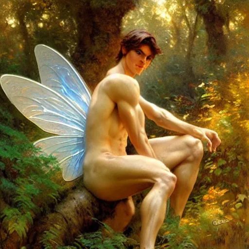 Image similar to attractive male fairy with wings in the forest, posing. highly detailed painting by gaston bussiere, craig mullins, j. c. leyendecker, 8 k