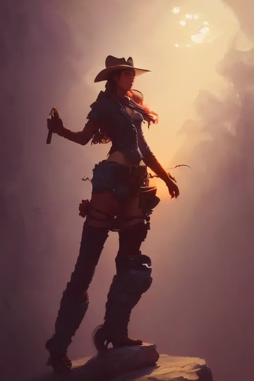 Image similar to full body, female cowboy, extremely detailed digital painting, in the style of fenghua zhong and ruan jia and jeremy lipking and peter mohrbacher, mystical colors, rim light, beautiful lighting, 8 k, stunning scene, raytracing, octane, trending on artstation