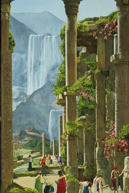 Image similar to hanging gardens of babylon, temple of artemis at ephesus, waterfalls, blooming hills with spring flowers and pillars by helen lundeberg