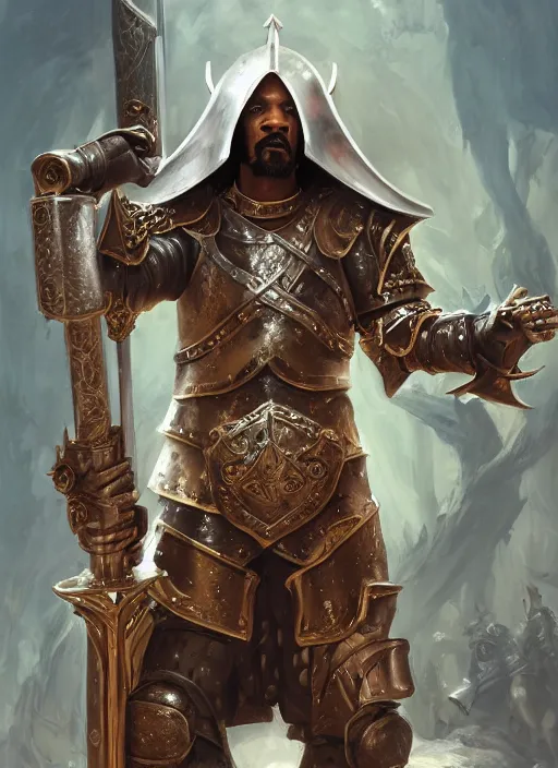 Prompt: snoop dogg as a paladin, short beard, grumpy, plate armor, Ivan Aivakovsky, Boris Vallejo, epic fantasy character art, D&D Concept Art, full length, Realistic, Regal, Refined, Detailed Digital Art, Oil Paining, Exquisite detail, post-processing, masterpiece, Cinematic Lighting, Unreal Engine, 8k, HD,