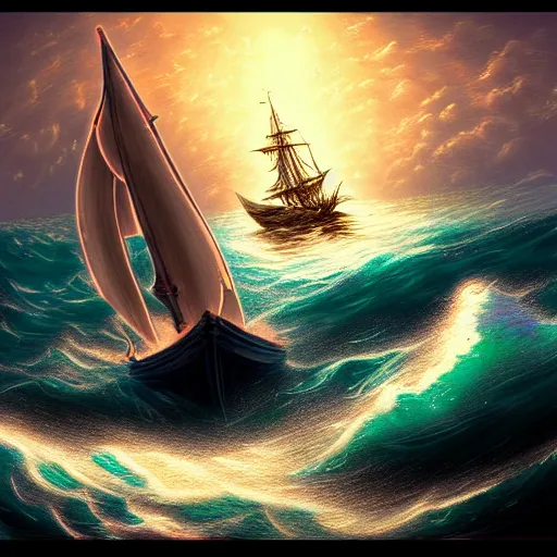 Prompt: in the style of artgerm and Thomas Kinkade, a large sea dragon attacking a small boat, rough seas, night, lighting, cinematic lighting