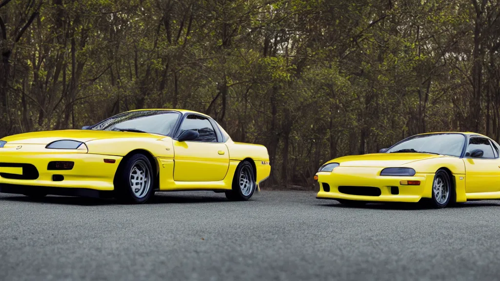 Image similar to 1 9 9 8 mazda rx 7 coupe yellow aero kit, cinematic, long exposure, white balance, 8 k, led, lumen global illumination, fog, ray tracing reflections