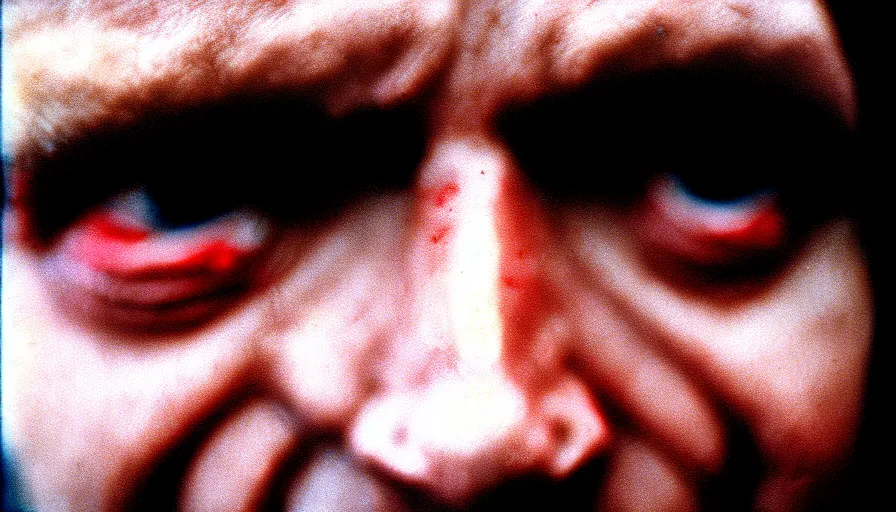 Image similar to 1 9 6 0 s movie still close - up of marcus atilius regulus'face with blood in the eyes down the eyes, cinestill 8 0 0 t 3 5 mm, high quality, heavy grain, high detail, texture, dramatic light