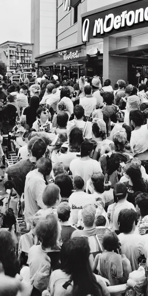 Prompt: A crowd gathers as a McDonalds floats into the sky, 35mm film