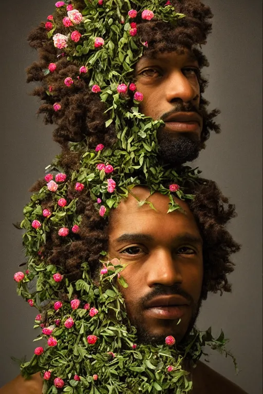 Prompt: a black man's face in profile, no beard, long curly hair, made of flowers and fruit, in the style of the Dutch masters and Gregory crewdson, dark and moody