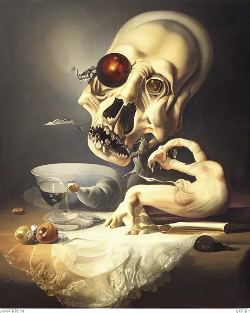 Image similar to refined gorgeous blended oil painting with black background by christian rex van minnen rachel ruysch dali todd schorr of a chiaroscuro portrait of an extremely bizarre disturbing man with shiny skin chrome surfaces dutch golden age vanitas intense chiaroscuro cast shadows obscuring features dramatic lighting perfect composition masterpiece