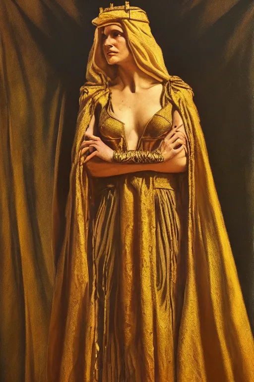 Prompt: Portrait of historically accurate, ancient biblical, sultry, sneering, evil, pagan, wicked, queen jezebel, wearing gilded robes, long hair, intricate, elegant, highly detailed, masterpiece, illustration, art by NC Wyeth, highly detailed, trending on artstation, award winning