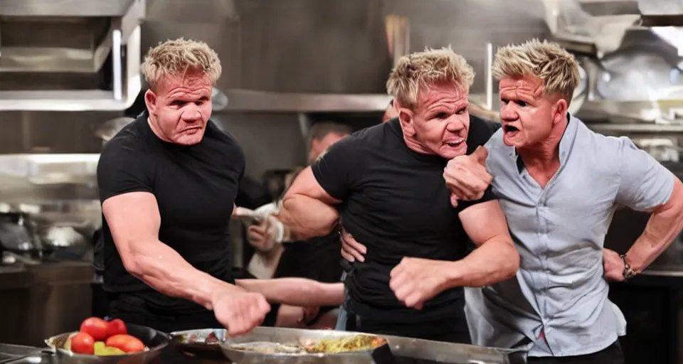 Image similar to photo of angry furious Gordon Ramsay punching Gordon Ramsay at the kitchen