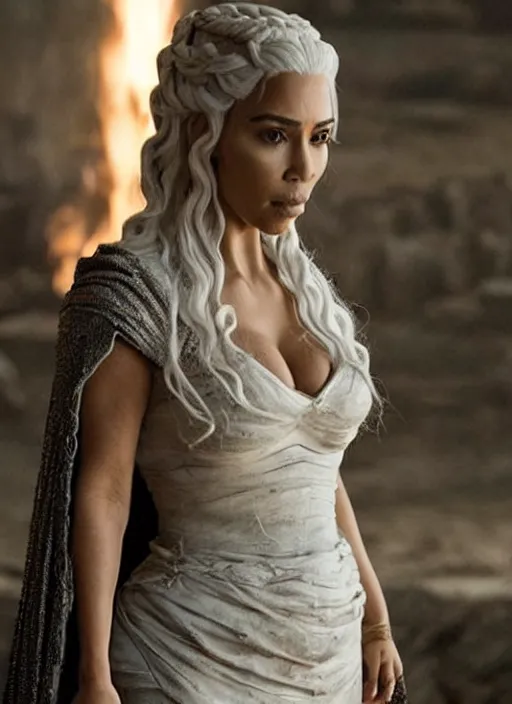 Image similar to film still of kim kardashian as daenerys targary in game of thrones.