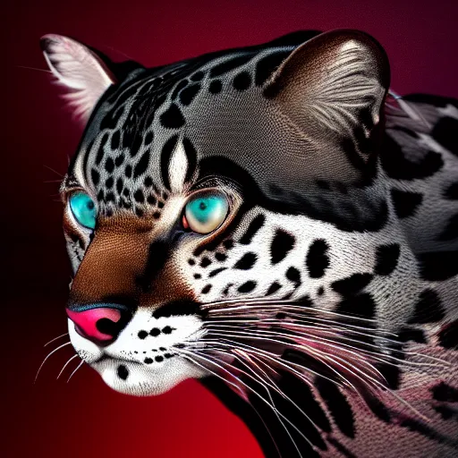 Image similar to profile shot of a black and red ocelot, dramatic, cinematic, high contrast, octane render, abstract, 4k