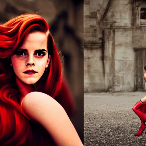 Prompt: Emma Watson as Jessica Rabbit, (Sony a7R IV, modelsociety, symmetric balance)