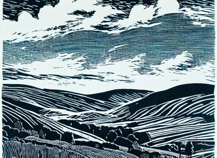 Prompt: a beautiful linocut print on paper of The highlands of Scotland