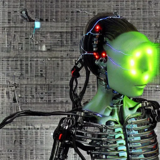 Prompt: the torso of a terminator lady with borg implants, human face and robotic snakes coming out of her head is hanging from cables and wires off the ceiling of an abandoned computer lab and plugged into a quantum computer. Her bottom half is missing with cables hanging out. She is taking a sip from a cup of coffee. Tiny green led lights in her cybernetics. very detailed 8k. cyberpunk style.