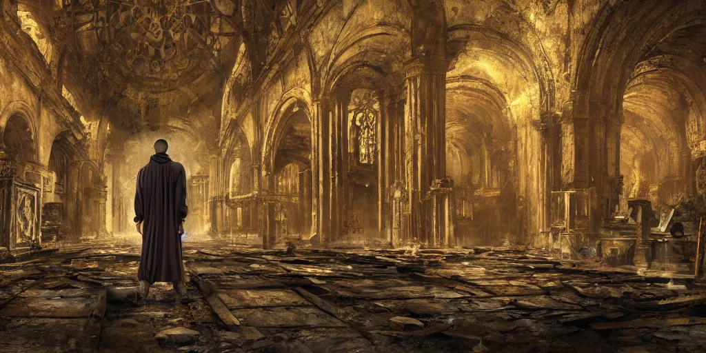 Prompt: gloomy painting of monk in biopunk costume standing inside ruined catholic cathedral interiors with walls painted in khokhloma style, gold and black, wide angle, 8k resolution, detailed, realistic, digital art, very beautiful, award winning, matte painting