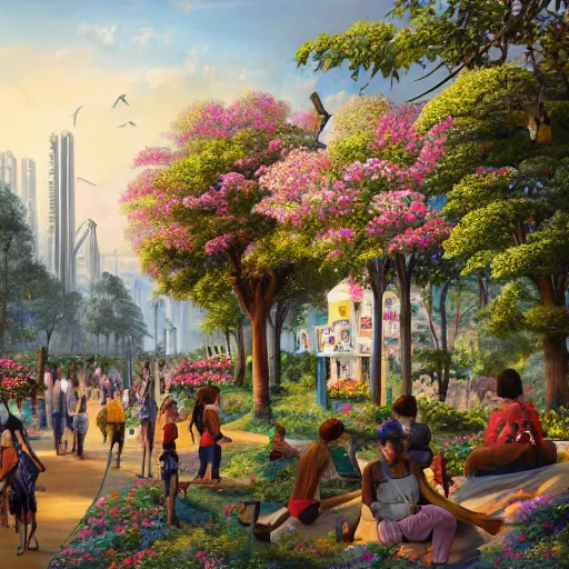 Image similar to people enjoying a beautiful city of the future in harmony with nature. Beautiful detailed painting by Lurid. (2022)