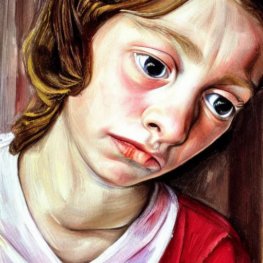 Image similar to high quality high detail painting by lucian freud, hd, beautiful young girl portrait, big eyes, alizarin crimson and white, photorealistic lighting