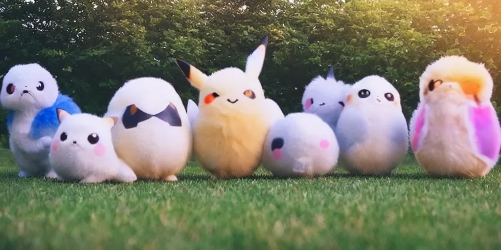 Image similar to real life pokemon egg group, cute!!!, content!!!, mischievous!!!, adorable!!!, fluffy!!!, ultra realistic!!!, golden hour, sharp focus, tiny amount of chromatic aberration