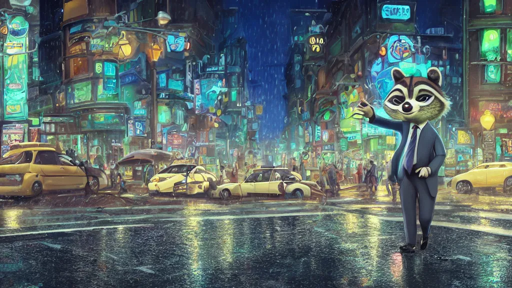 Prompt: A cute anthropomorphic raccoon businessman is walking down a busy crosswalk at in the rain at night, cold lighting with an blue glow coating the cityscape from the city lights, zootopia, other anthropomorphic characters are walking by him, extremely detailed, HDR, sideview, solemn and moody, many cars and animal people in the background, detailed face and eyes, large eyes with visible pupils, the road is wet with many rain puddles, reflections from the water on the ground, he is carrying a black briefcase, depressing feelings, sadness, expressive face