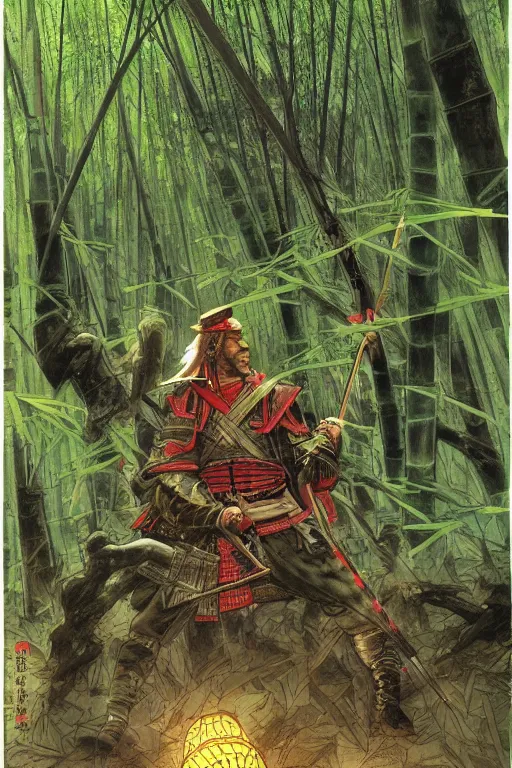 Image similar to samurai general in dark japanese bamboo forest with light shafts, by travis charest, jesper ejsing