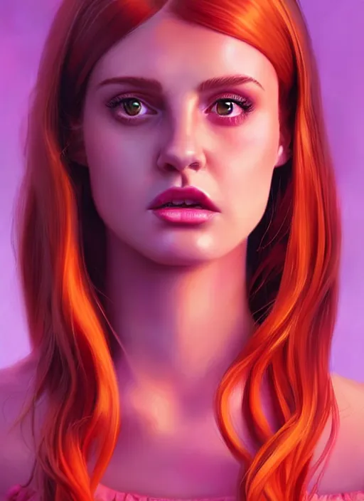 Image similar to full body portrait of teenage cheryl blossom, bangs, green eyes, sultry expression, red hair, sultry smirk, bangs and wavy hair, pink skirt, bangs, intricate, elegant, glowing lights, highly detailed, digital painting, artstation, concept art, smooth, sharp focus, illustration, art by wlop, mars ravelo and greg rutkowski