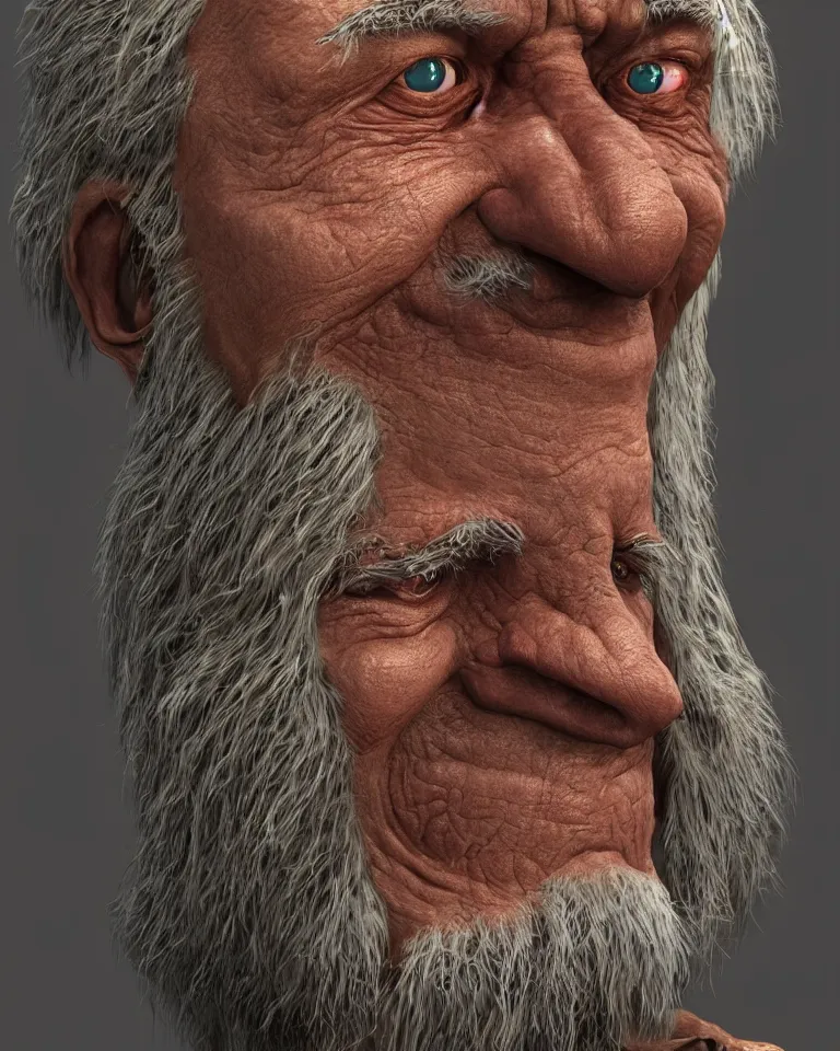 Prompt: A highly detailed portrait 3D render of a singular craggly old man, wise, gaunt, ancient, smiling. ZBrush and Blender. Trending on cgsociety. Dramatic lighting. Beautiful. Colorful. By Mark Mann and Jimmy Nelson.