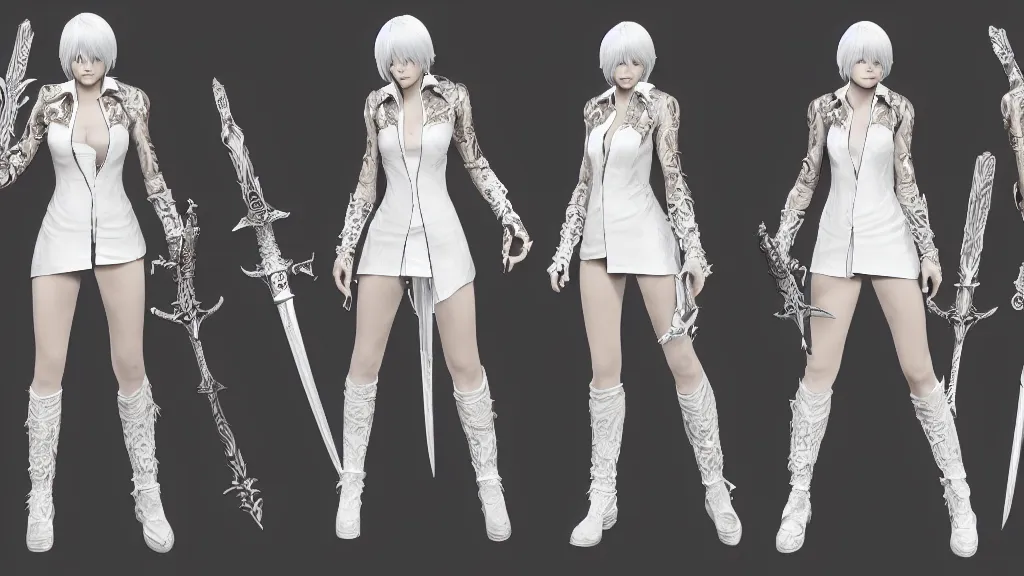 Image similar to devil may cry Dante's daughter character design sheet, female, white and gold outfit, dual sword wielding, intricate, trending on artstation