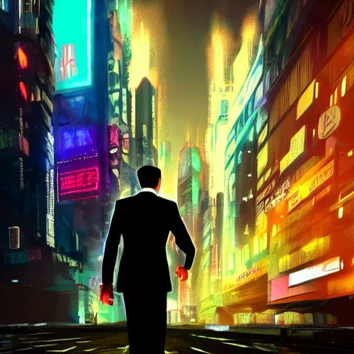 Image similar to a man in a suit walking away from an explosion, cityscape, neon, cyberpunk, bladerunner