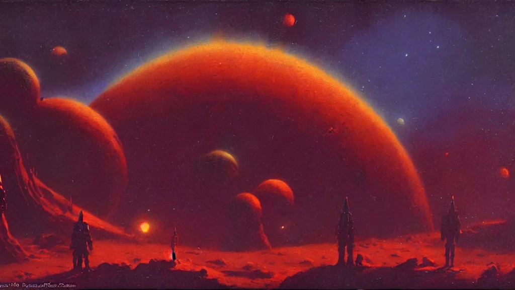 Image similar to eerie atmospheric alien planet by paul lehr and jack gaughan and john schoenherr, epic cinematic matte painting
