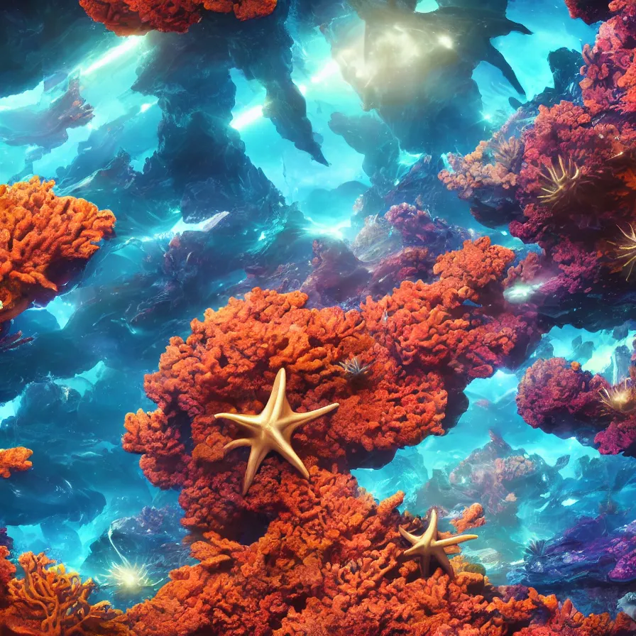 Image similar to album art, anime visuals, of an alien planet made out of different coloured corals, with big starfish, creatures, rocky landscape, floating waterfalls, omni magazine, cinematic lighting, detailed