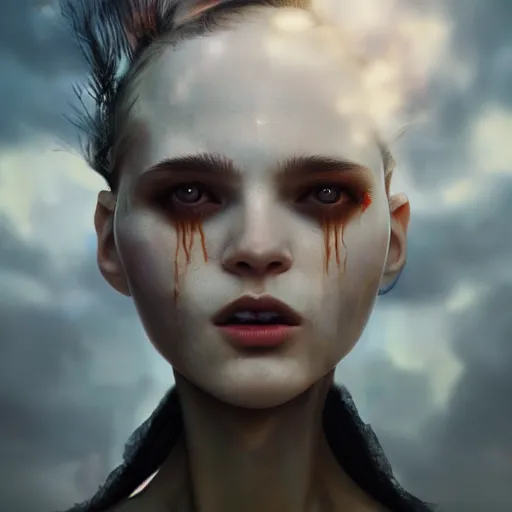 Prompt: 3 d, close - up, screaming fashion model face, sun, cinematic, clouds, vogue cover style, dystopian art, poster art, futuristic, fantasy artrealistic painting, intricate oil painting, high detail illustration, by tooth wu and wlop and beeple and greg rutkowski