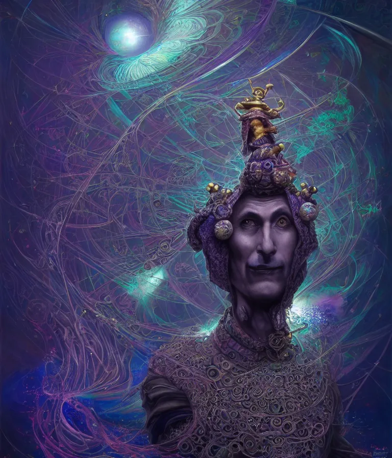 Image similar to front!!! shot of a court jester!!! character, mesmerizing fractal hypercubes, dark holography!!!, future, oil slick nebula, crystalline edges, (((intricate))), elegant, highly detailed, centered, (((artstation, concept art, smooth, sharp focus, artgerm, Tomasz Alen Kopera, Peter Mohrbacher, donato giancola, Joseph Christian Leyendecker, WLOP, Boris Vallejo))), ((raytracing)), mugshot!!!!!, ugly!!!!!!, octane render, nvidia raytracing demo, octane render, nvidia raytracing demo, octane render, nvidia raytracing demo, grainy, muted, 8K, digitalblasphemy, metatron