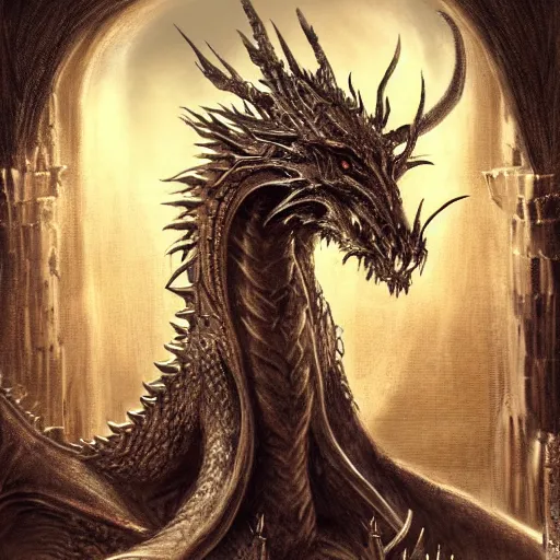 Image similar to dragon on the throne in the majestic throne room, great horns, armored, luminous scene, by luis royo, d & d character, highly detailed portrait, digital painting, artstation, concept art, smooth, sharp focus illustration, artstation hq