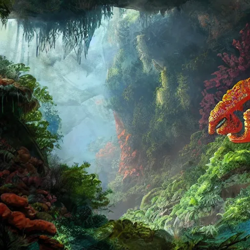 Image similar to Canyon in the jungle with corals and dinosaur dkeletons, 8k, detailed, concept art, trending on artstation