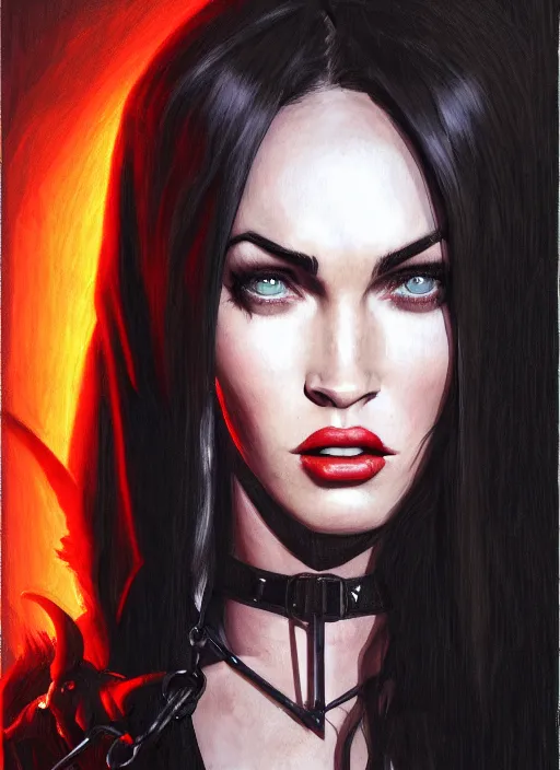 Prompt: portrait of megan fox as a evil demon with hornes, collar and leash, batwings, hell, dark, intricate, headshot, key visual, conceptart, ambient lighting, highly detailed, digital painting, artstation, concept art, sharp focus, by makoto shinkai and akihiko yoshida and greg manchess