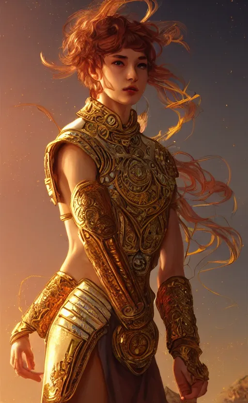 Image similar to portrait knights of zodiac girl, golden and copper shining armor, karate pose, in ruined agora of athens sunrise, ssci - fi and fantasy, intricate and very very beautiful and elegant, highly detailed, digital painting, artstation, concept art, smooth and sharp focus, illustration, art by tian zi and wlop and alphonse mucha