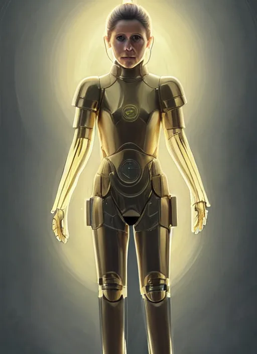 Image similar to symmetry!! portrait of young carrie fisher, gold sci - fi armour, tech wear, glowing lights!! sci - fi, intricate, elegant, highly detailed, digital painting, artstation, concept art, smooth, sharp focus, illustration, art by artgerm and greg rutkowski and alphonse mucha